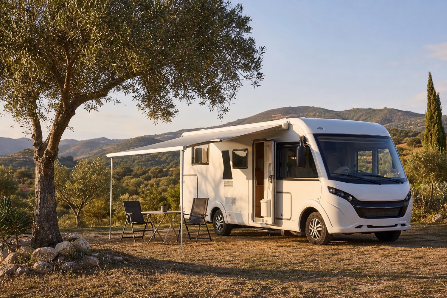 Autocaravana preparada para acampar junto a olivos con mesa y sillas