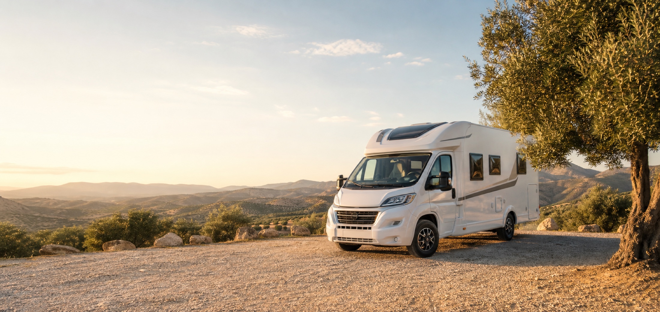 Autocaravana blanca junto a un olivo con vistas al campo al atardecer