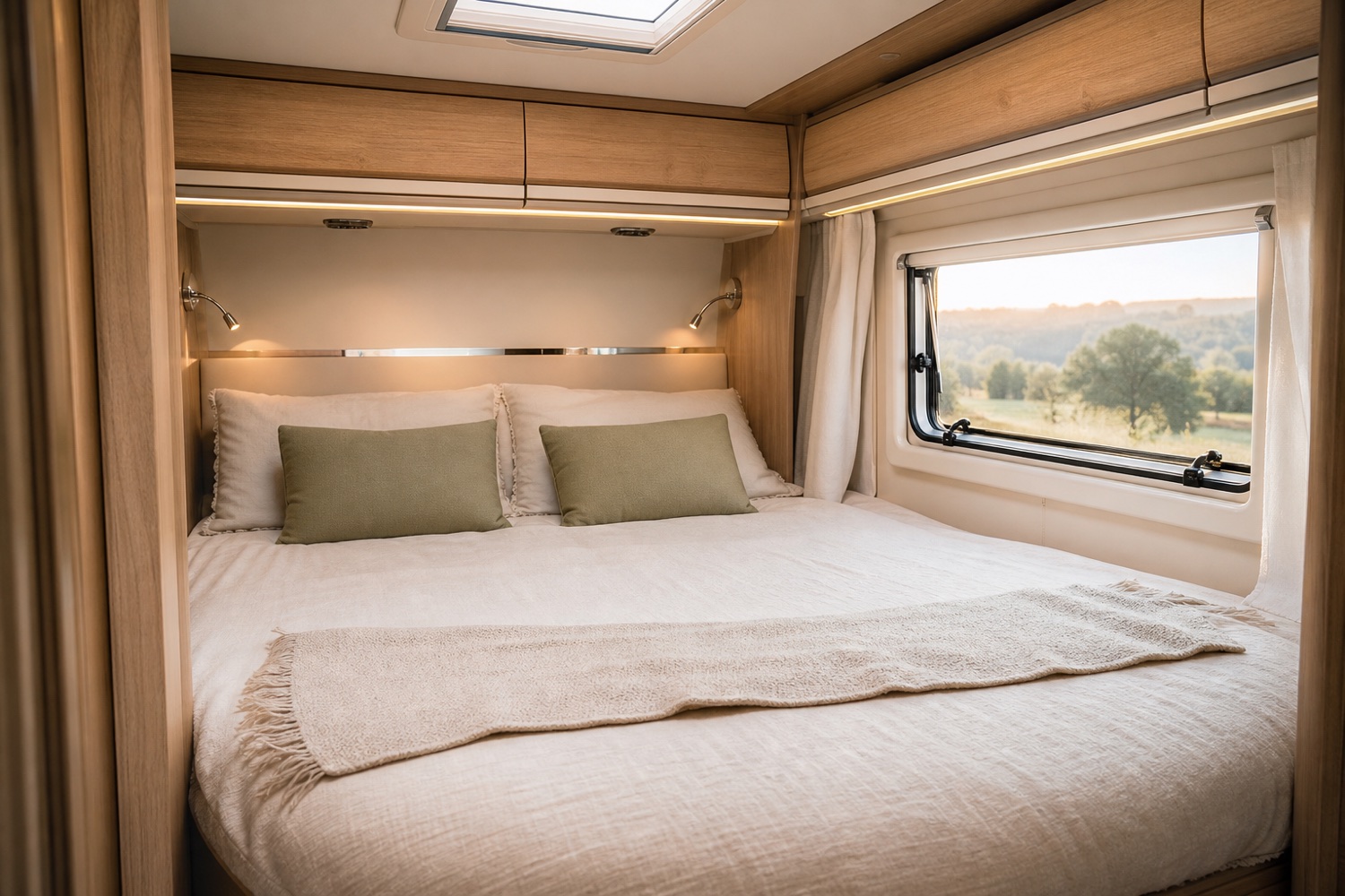Zona de descanso con cama doble dentro de la autocaravana