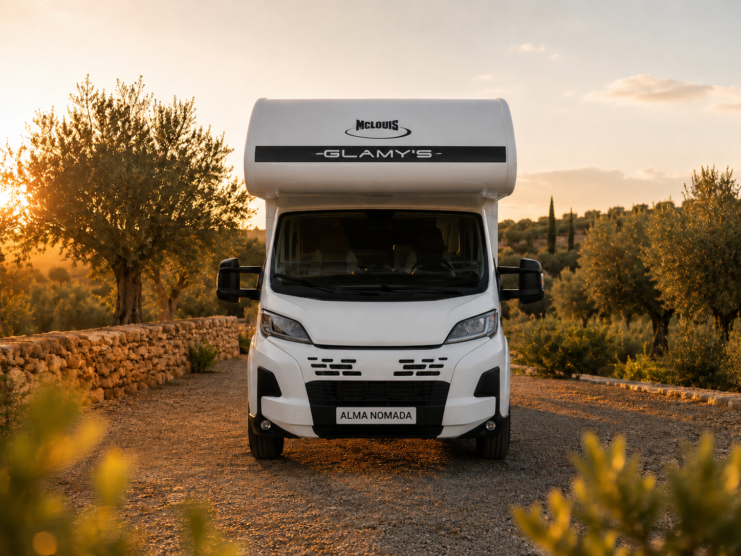 Autocaravana McLouis Glamys de frente al atardecer entre olivos
